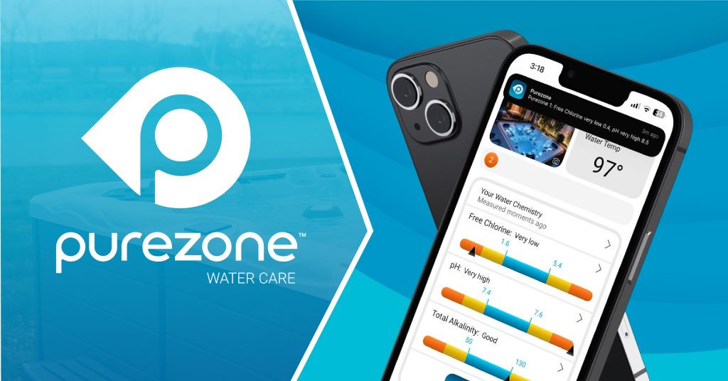 Purezone mobile app interface showing pH, chlorine, and alkalinity levels.