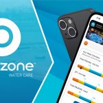 Purezone mobile app interface showing pH, chlorine, and alkalinity levels.