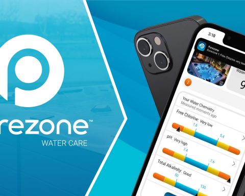 Purezone mobile app interface showing pH, chlorine, and alkalinity levels.