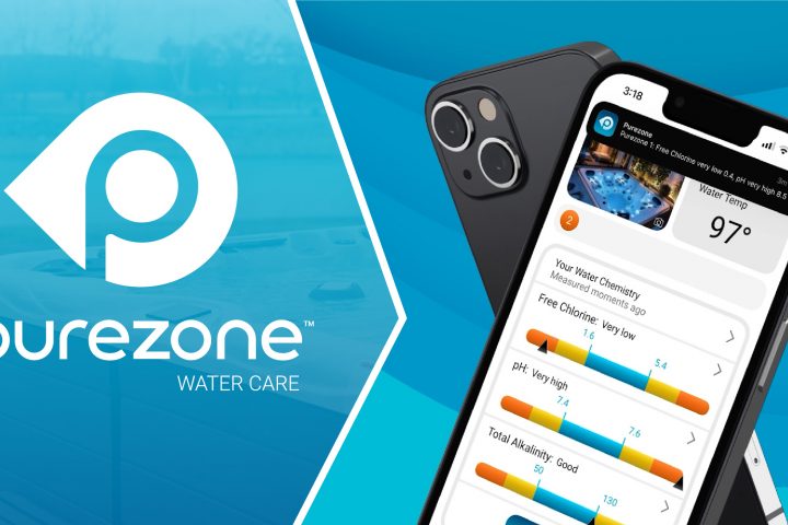 Purezone mobile app interface showing pH, chlorine, and alkalinity levels.