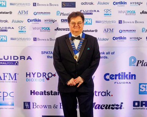 Dorian Davies, BSPF President, at the 2026 British Pool & Hot Tub Awards wearing his presidential chain.