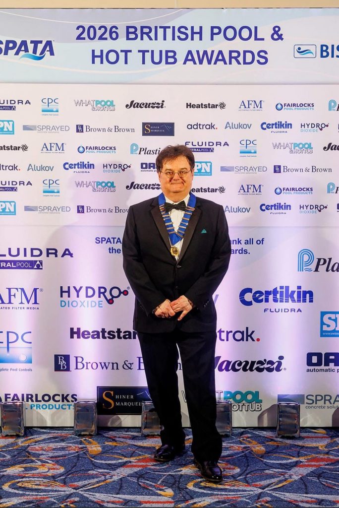 Dorian Davies, BSPF President, at the 2026 British Pool & Hot Tub Awards wearing his presidential chain.