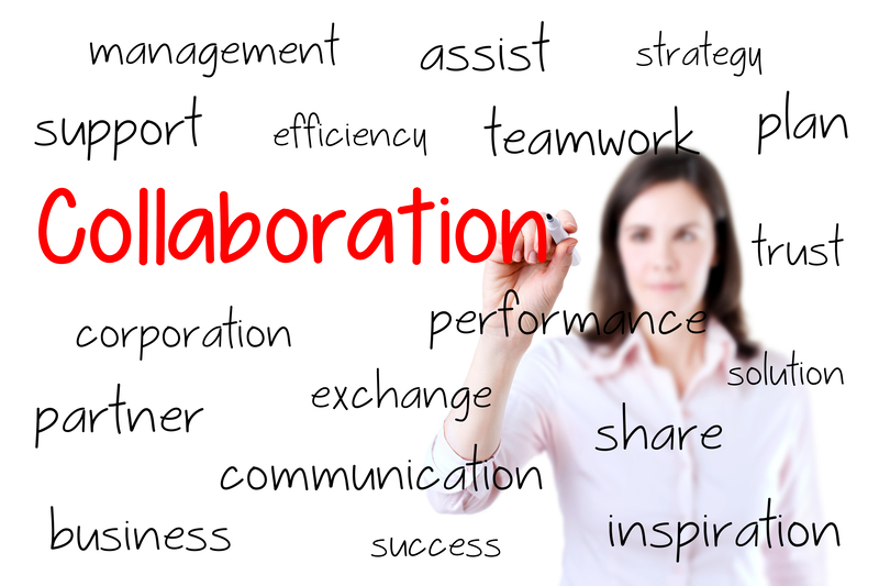 A woman writing the word "Collaboration" on a transparent board, surrounded by terms like "teamwork," "support," and "communication."