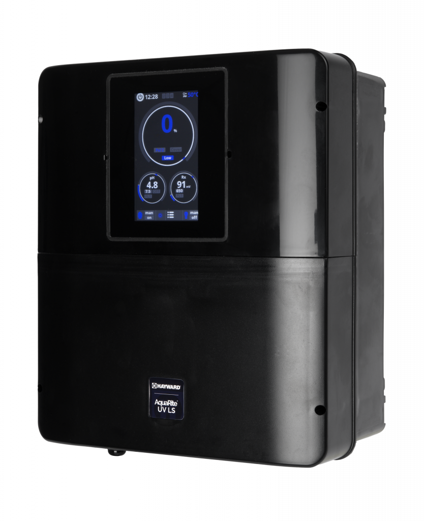 AquaRite UV LS smart control box for automated pool water treatment and equipment management.