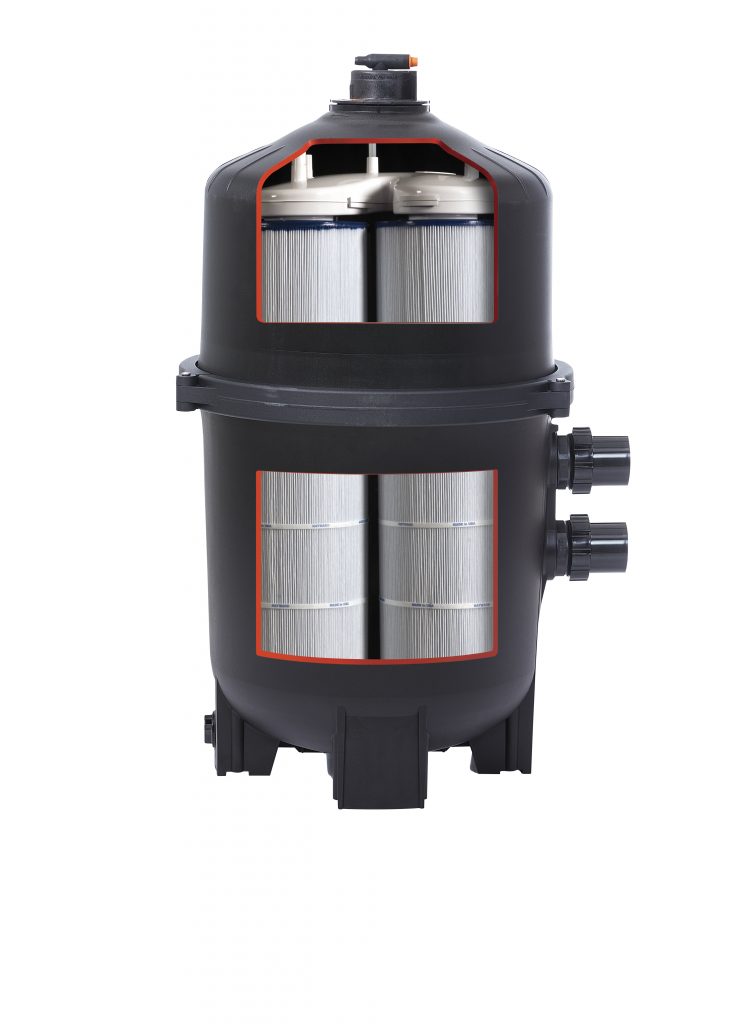 Internal cutaway view of the Hayward SwimClear multi-element filter showing the four high-capacity cartridges.