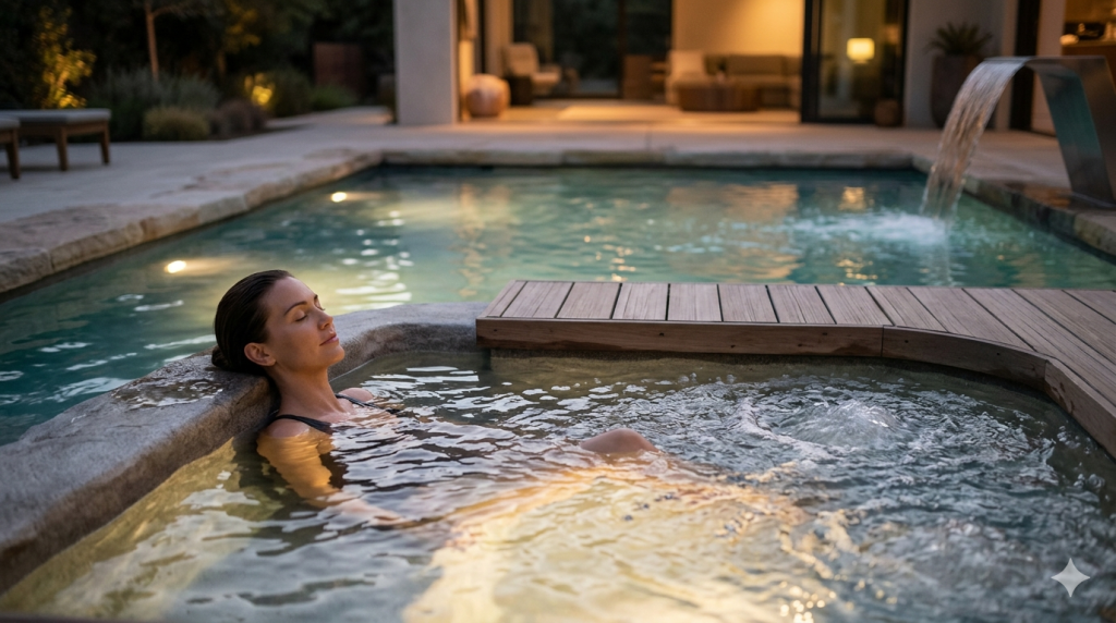 A reproduction of the autumn composition from image_1.png, where the minimalist sauna (left, lit from within) and the outdoor heated pool (right, subtly steaming at dusk) coexist. The stone decking and cool-weather plants remain. Elegant English signage has been added near the center, reading: "YEAR-ROUND SANCTUARY. HEATED POOL & SAUNA INTEGRATION." The overall mood is warm and inviting across the seasons.
