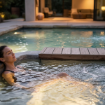 A reproduction of the autumn composition from image_1.png, where the minimalist sauna (left, lit from within) and the outdoor heated pool (right, subtly steaming at dusk) coexist. The stone decking and cool-weather plants remain. Elegant English signage has been added near the center, reading: "YEAR-ROUND SANCTUARY. HEATED POOL & SAUNA INTEGRATION." The overall mood is warm and inviting across the seasons.