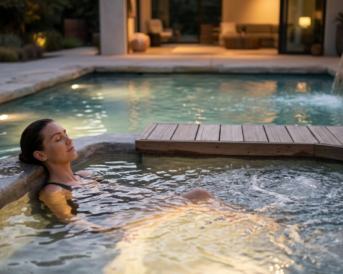 A reproduction of the autumn composition from image_1.png, where the minimalist sauna (left, lit from within) and the outdoor heated pool (right, subtly steaming at dusk) coexist. The stone decking and cool-weather plants remain. Elegant English signage has been added near the center, reading: "YEAR-ROUND SANCTUARY. HEATED POOL & SAUNA INTEGRATION." The overall mood is warm and inviting across the seasons.