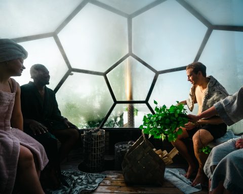 People enjoying a social sauna session in a modern dome-shaped sauna with a view of nature.