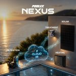 Complete diagram of a Poolex Nexus smart pool technical room featuring a heat pump and filtration system.