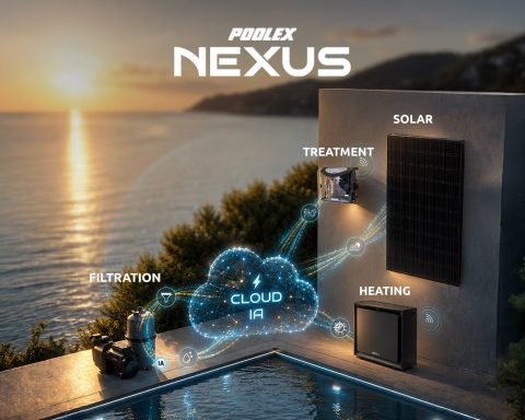 Complete diagram of a Poolex Nexus smart pool technical room featuring a heat pump and filtration system.