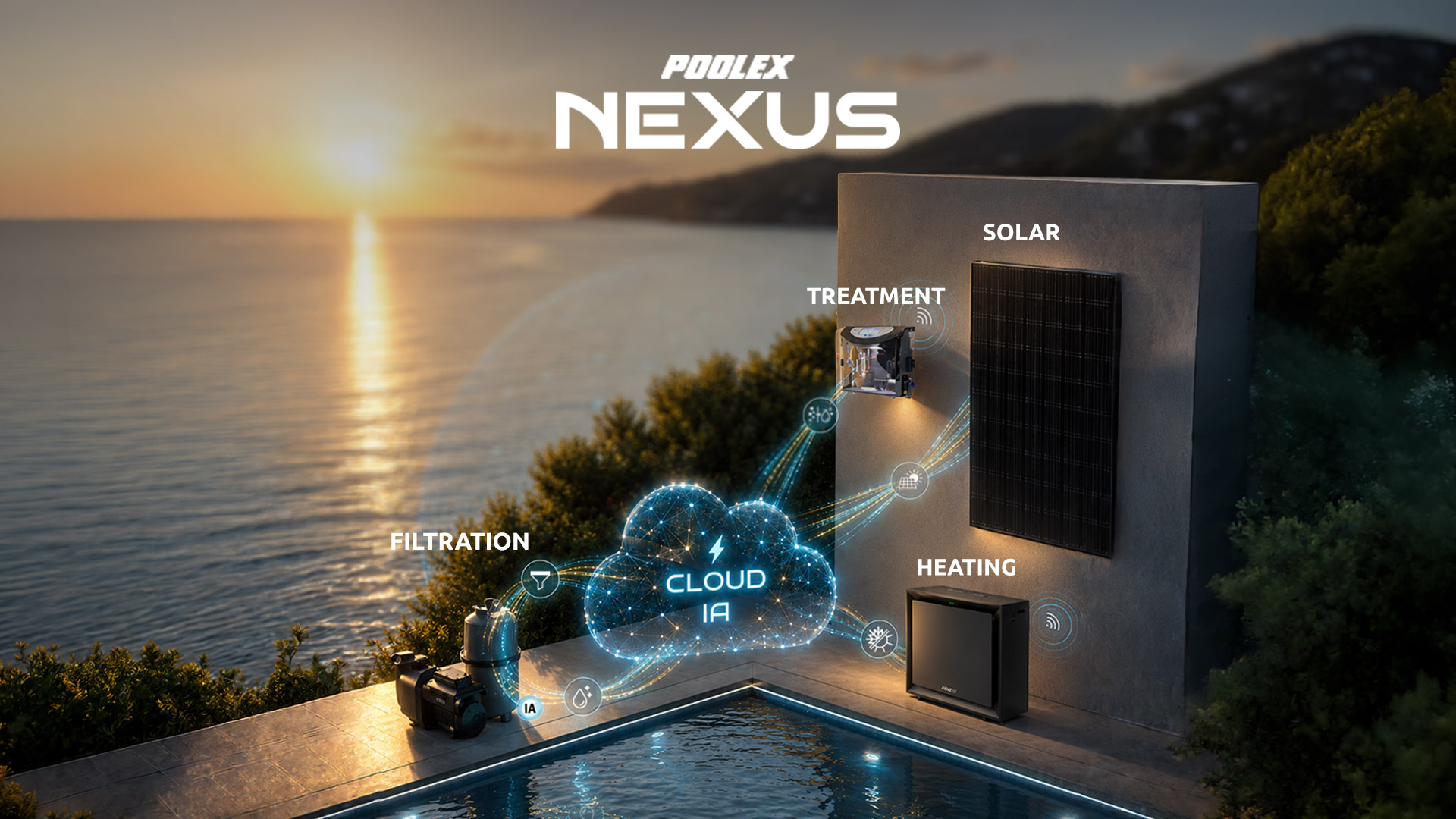 Complete diagram of a Poolex Nexus smart pool technical room featuring a heat pump and filtration system.