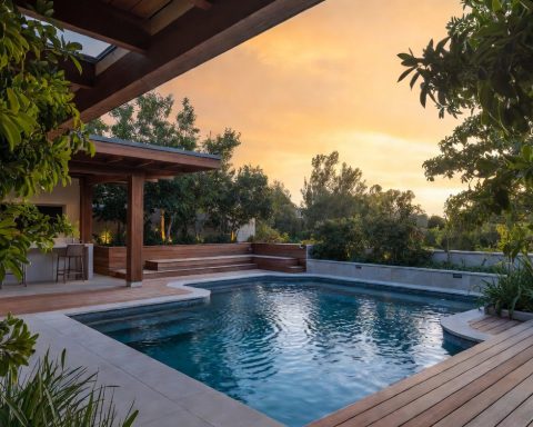 Luxurious modern swimming pool with wooden deck, outdoor kitchen and professional landscaping in a harmonious backyard design.