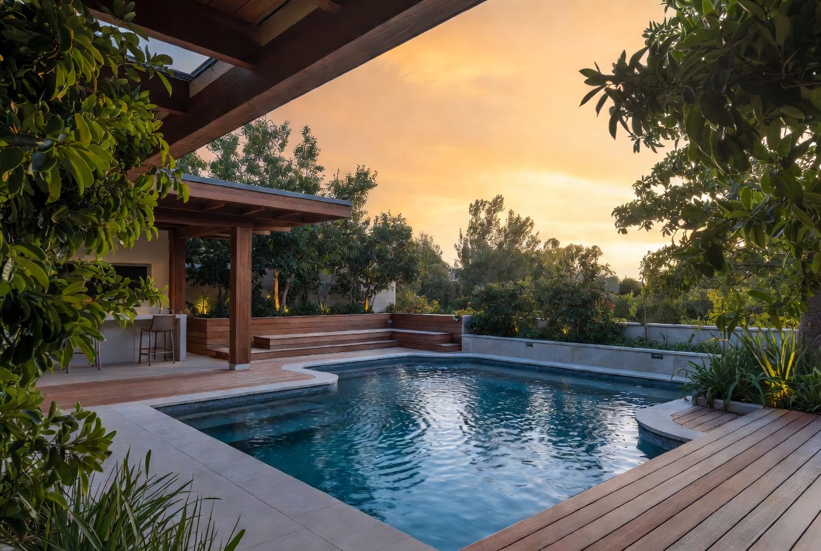 Luxurious modern swimming pool with wooden deck, outdoor kitchen and professional landscaping in a harmonious backyard design.