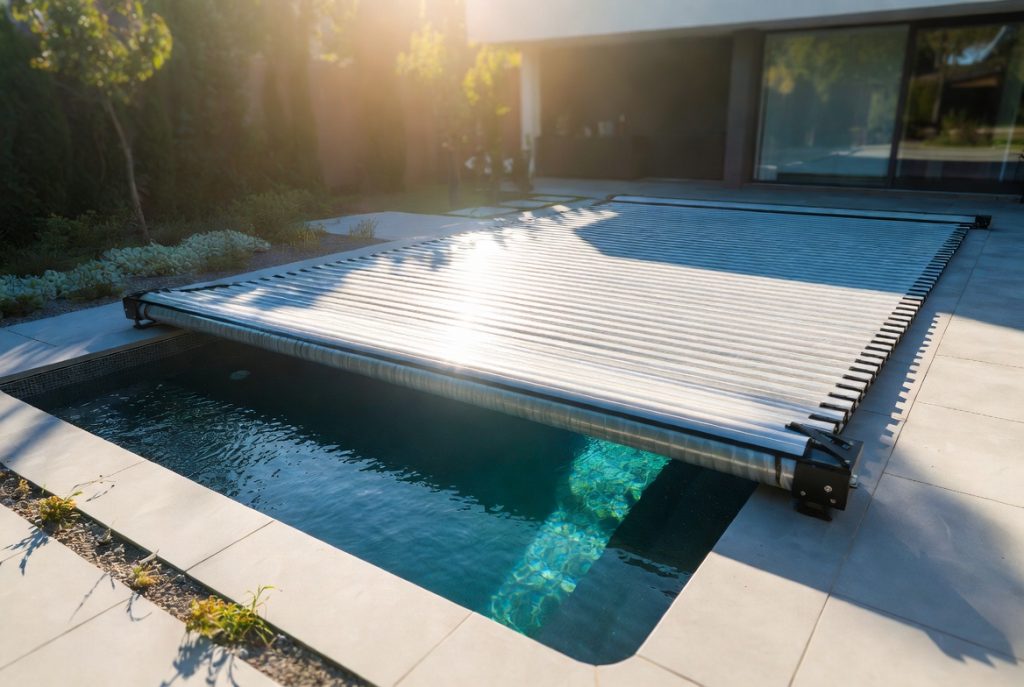 Modern luxury swimming pool with an automatic solar polycarbonate slatted cover partially open, showcasing an eco-friendly solution that minimizes water evaporation and provides free solar heating."