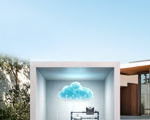 Vollständiges Schema eines Poolex Nexus Smart-Pool-Technikraums mit Wärmepumpe und Filtersystem.