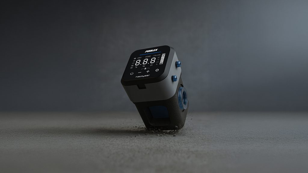 A studio shot of the compact, dark grey Poolex Neolyser device slightly tilted on a rough concrete surface, highlighting its bright digital display panel.