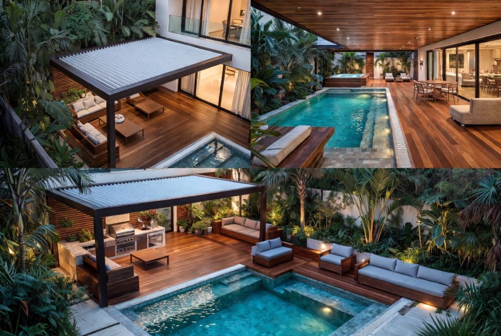 Professional 3D architectural rendering of luxury swimming pool with outdoor kitchen, deck and full landscaping design