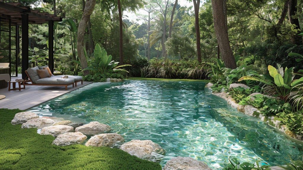 Modern eco-friendly swimming pool designed for energy and water efficiency.
