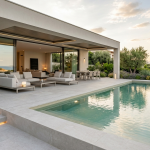 Luxury contemporary villa at golden hour featuring an infinity pool integrated into a light stone patio with an open modern outdoor living room.