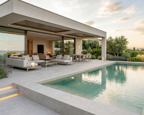Luxury contemporary villa at golden hour featuring an infinity pool integrated into a light stone patio with an open modern outdoor living room.