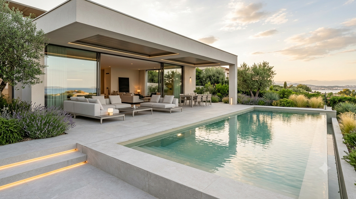 Luxury contemporary villa at golden hour featuring an infinity pool integrated into a light stone patio with an open modern outdoor living room.