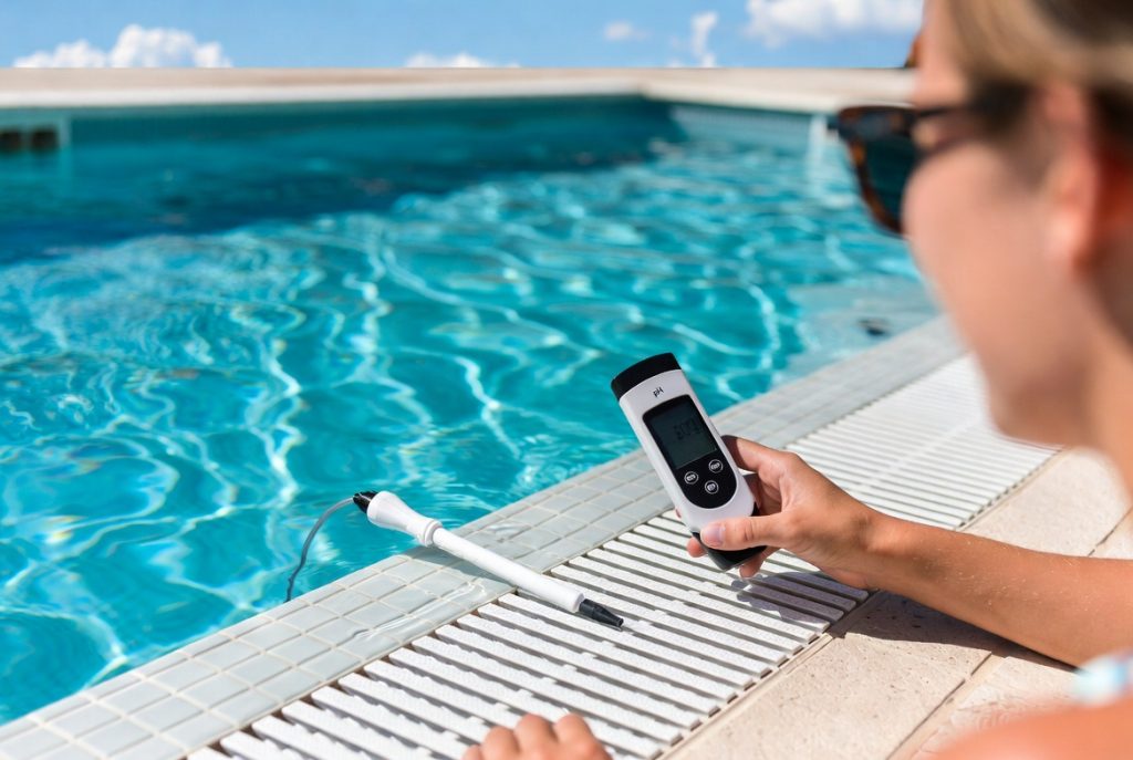 Person testing swimming pool water quality using a digital electronic pH meter by the pool edge.
