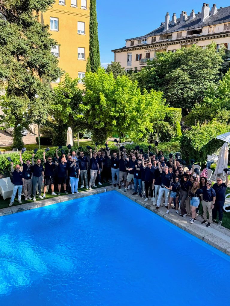 Hayward European seminar 2026 team outdoor group photo by the pool