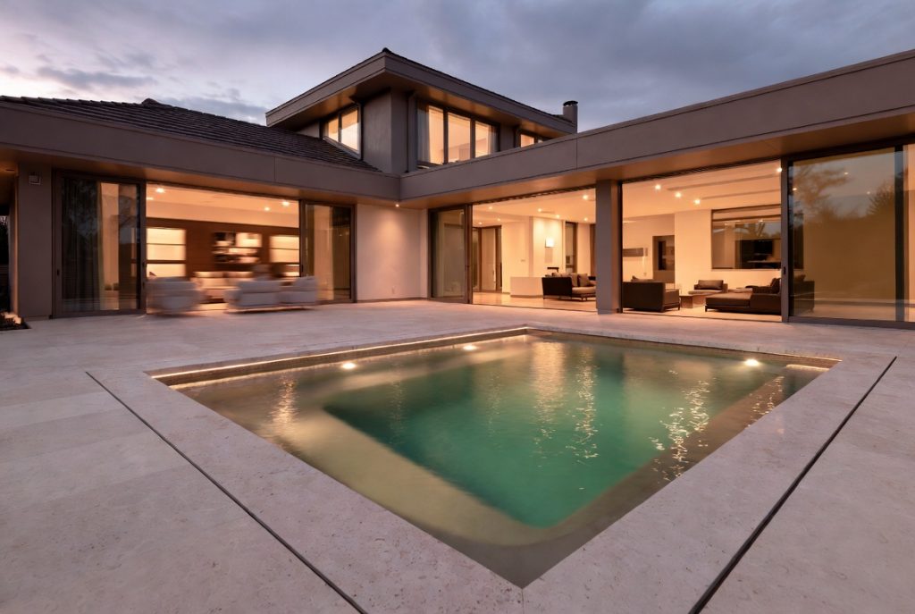 Modern minimalist rectangular pool seamlessly integrated into contemporary architecture with flush patio and natural stone finishes at dusk