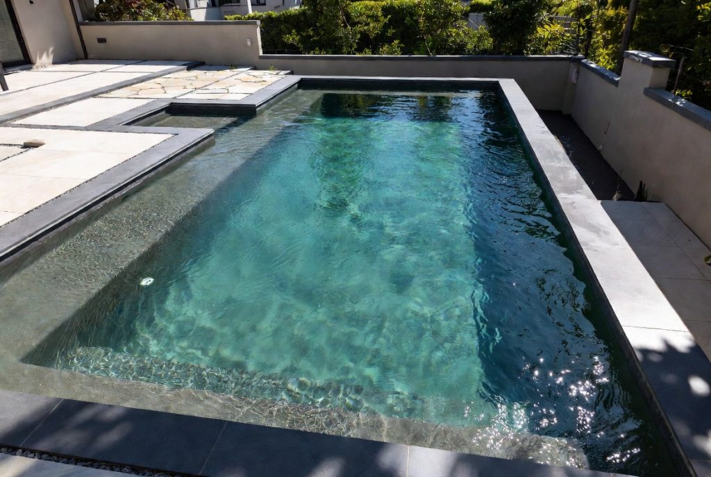 Compact modern lap pool with clean geometric lines on a narrow urban lot, featuring natural lagoon green water and minimalist design