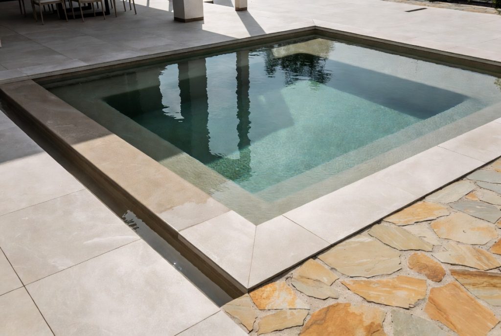 Rectangular geometric swimming pool with natural sand and grey mineral water tones, surrounded by large porcelain tiles and stone decking