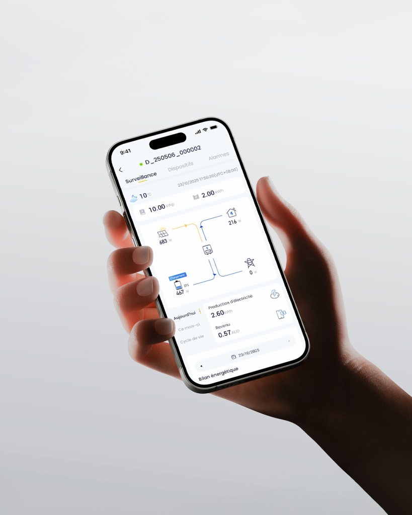 Hand holding a smartphone displaying the Poolex app with real-time solar production and consumption tracking