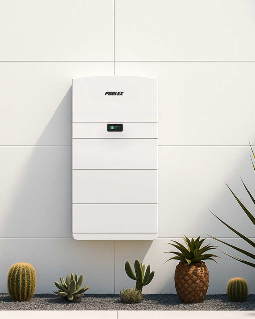 White Poolex All-in-One unit combining hybrid inverter and battery mounted on an exterior wall