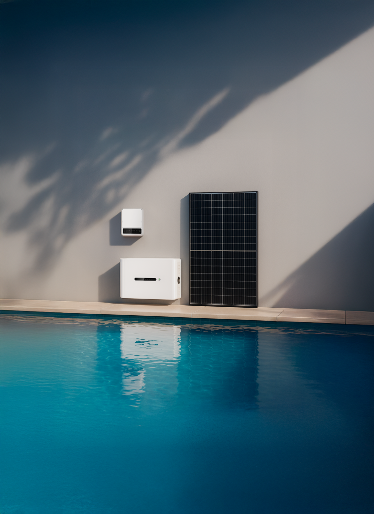 Poolex modular solar kit installation featuring a solar panel, compact inverter, and wall battery near the pool