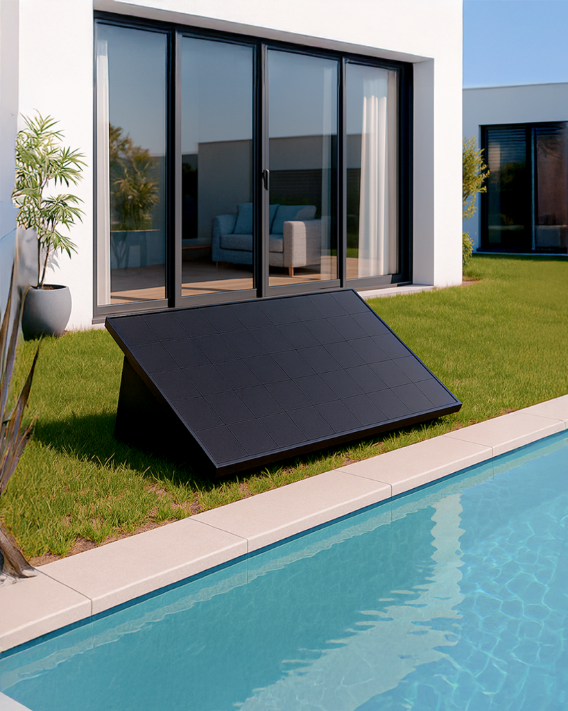 Angled Poolex Plug and Play solar panel on the grass beside a swimming pool coping