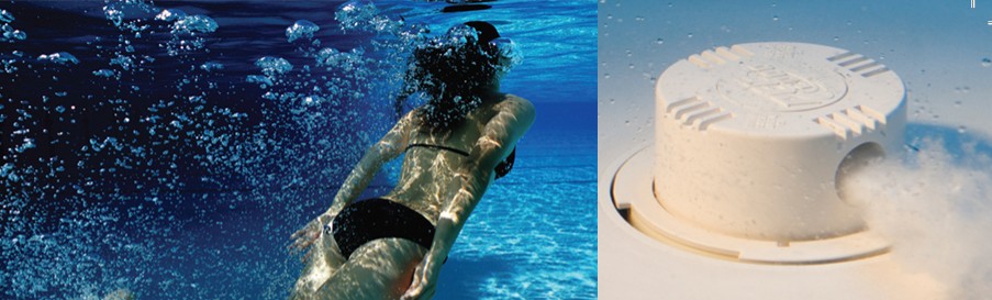 Split image showing a person swimming underwater and a Paramount pop-up nozzle emitting a pressurized water jet.