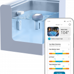Purezone Hover floating monitor and Purezone Dock installed in a hot tub alongside a smartphone app displaying real-time water chemistry metrics.