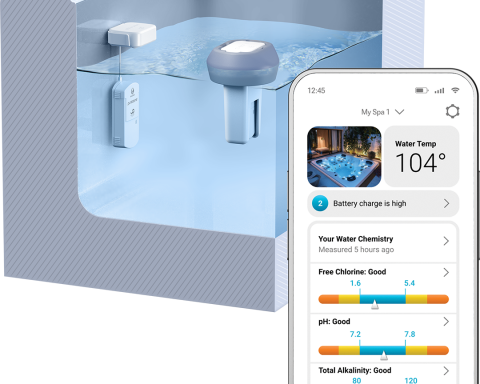 Purezone Hover floating monitor and Purezone Dock installed in a hot tub alongside a smartphone app displaying real-time water chemistry metrics.