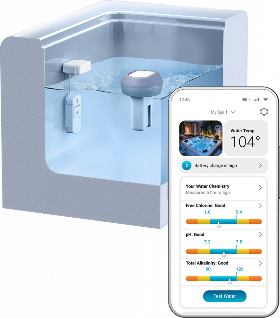 Purezone Hover floating monitor and Purezone Dock installed in a hot tub alongside a smartphone app displaying real-time water chemistry metrics.