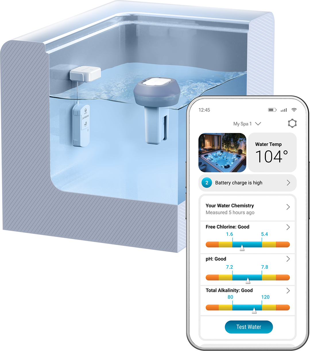 Purezone Hover floating monitor and Purezone Dock installed in a hot tub alongside a smartphone app displaying real-time water chemistry metrics.