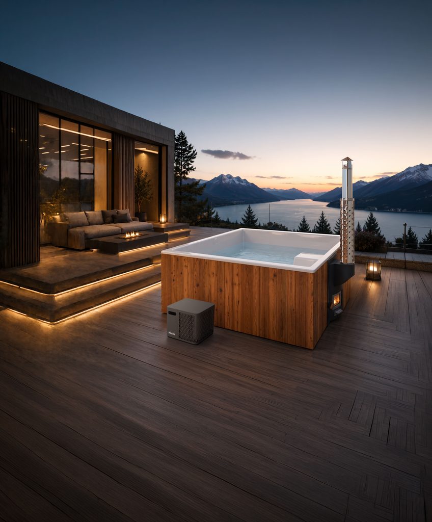 Holl's Hilda square Nordic bath with integrated wood-burning stove and Poolex heat pump on a modern terrace at dusk