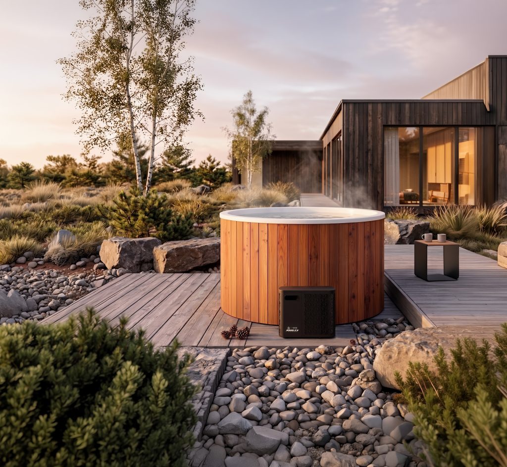 Holl's Olma round Nordic bath installed on a wooden deck in a modern garden at sunset