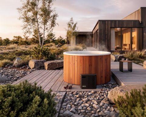 Holl's Olma round Nordic bath installed on a wooden deck in a modern garden at sunset