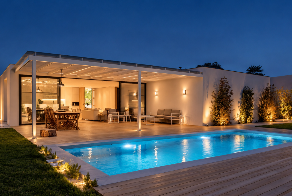 Landscape lighting and LED spotlights in an inground pool under a covered patio.