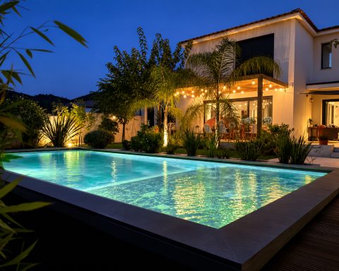 Residential back garden with swimming pool softly lit in green and turquoise light at twilight