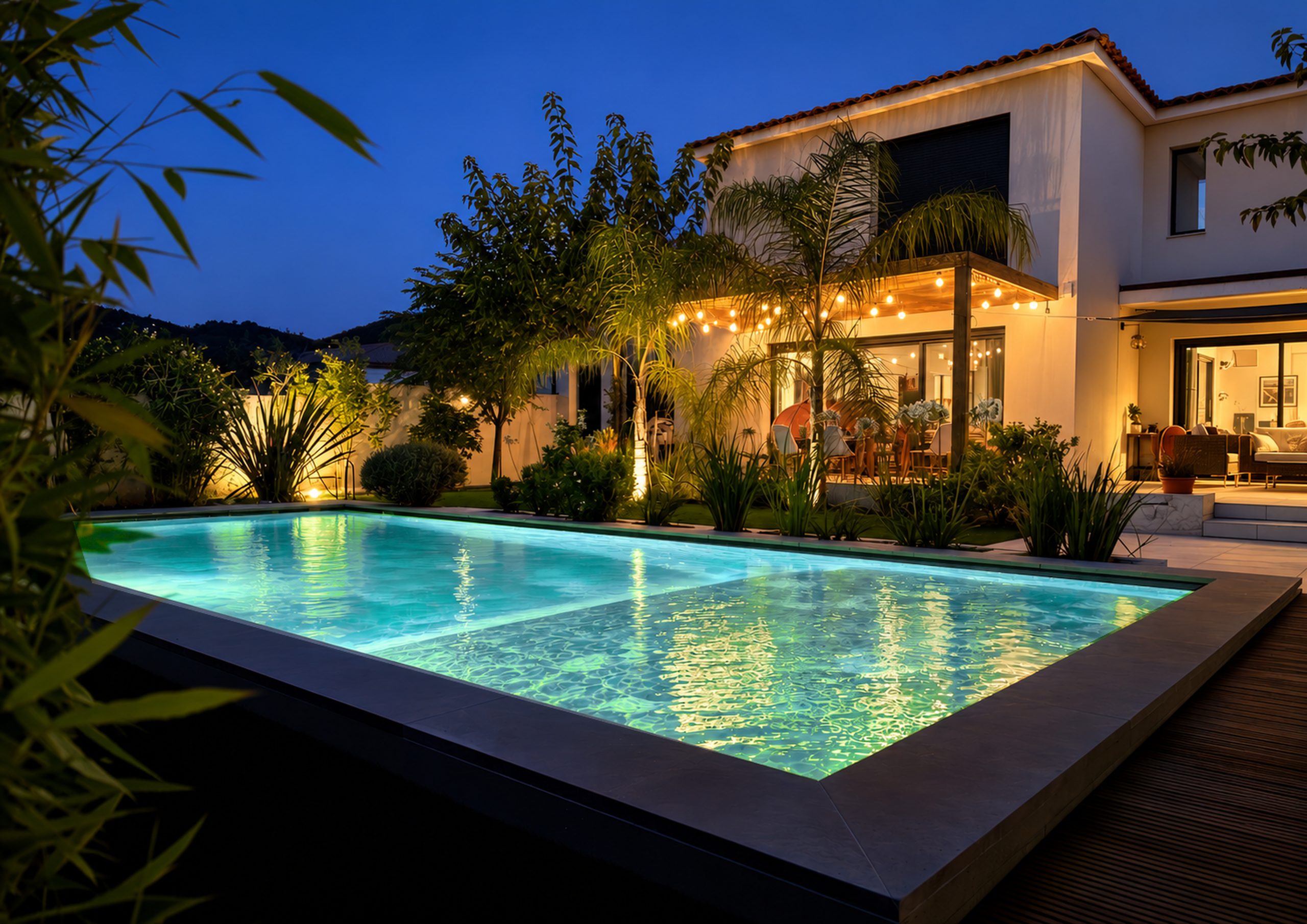 Residential back garden with swimming pool softly lit in green and turquoise light at twilight