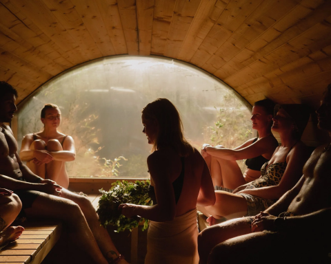 Group of bathers seated inside a wooden barrel sauna with a large circular window facing nature