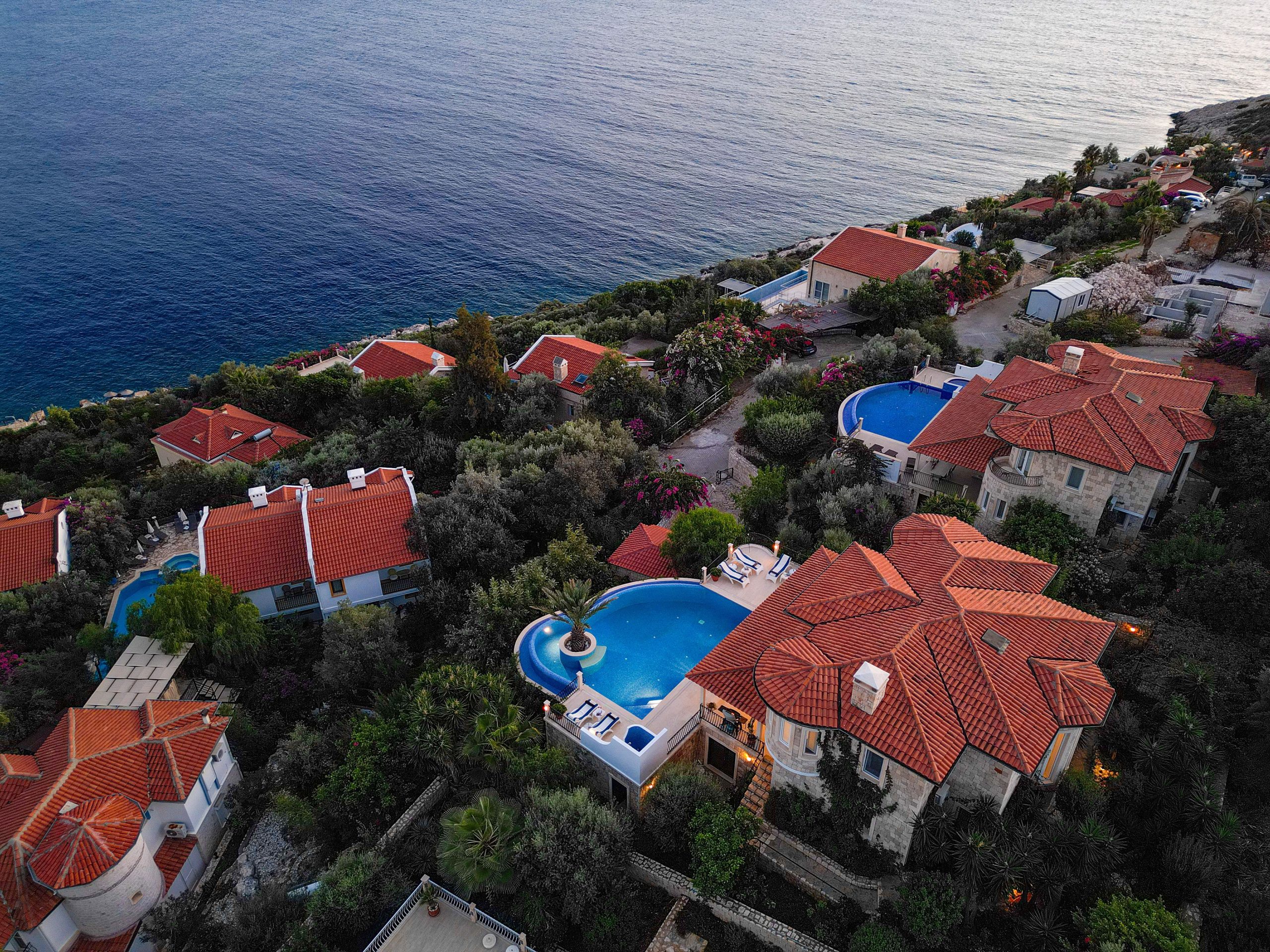 High angle aerial shot of luxury coastal houses featuring private blue swimming pools surrounded by green trees